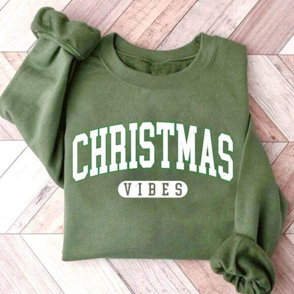 SHEIN Olive Green Christmas Vibes Sweatshirt Long Sleeves Crew Holiday Top XL - Picture 1 of 11